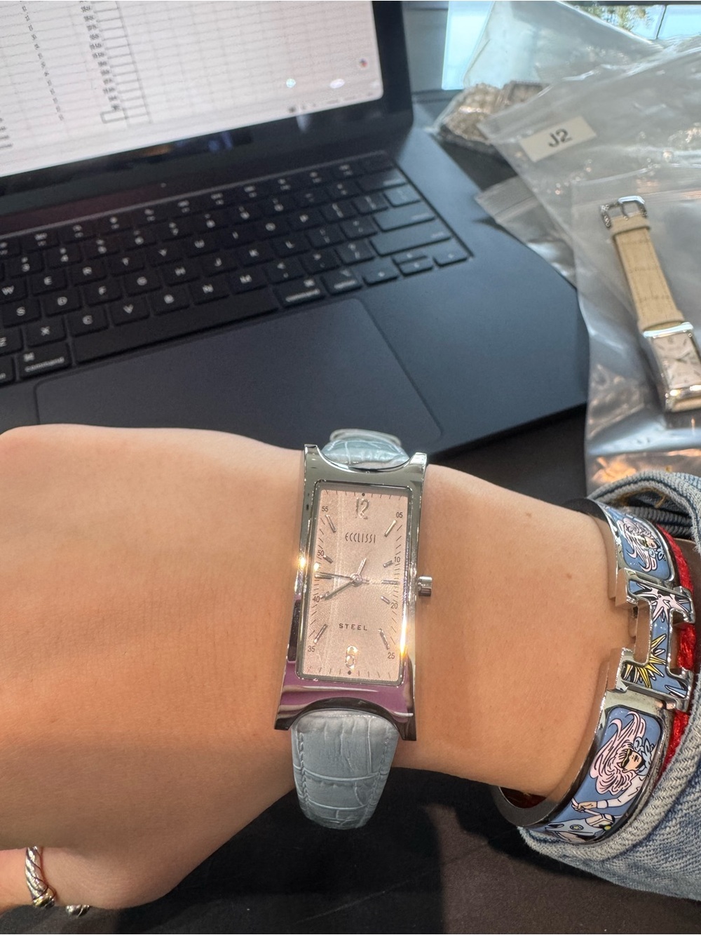 New Vintage Ecclissi rectangular steel watch w/ blue gator strap